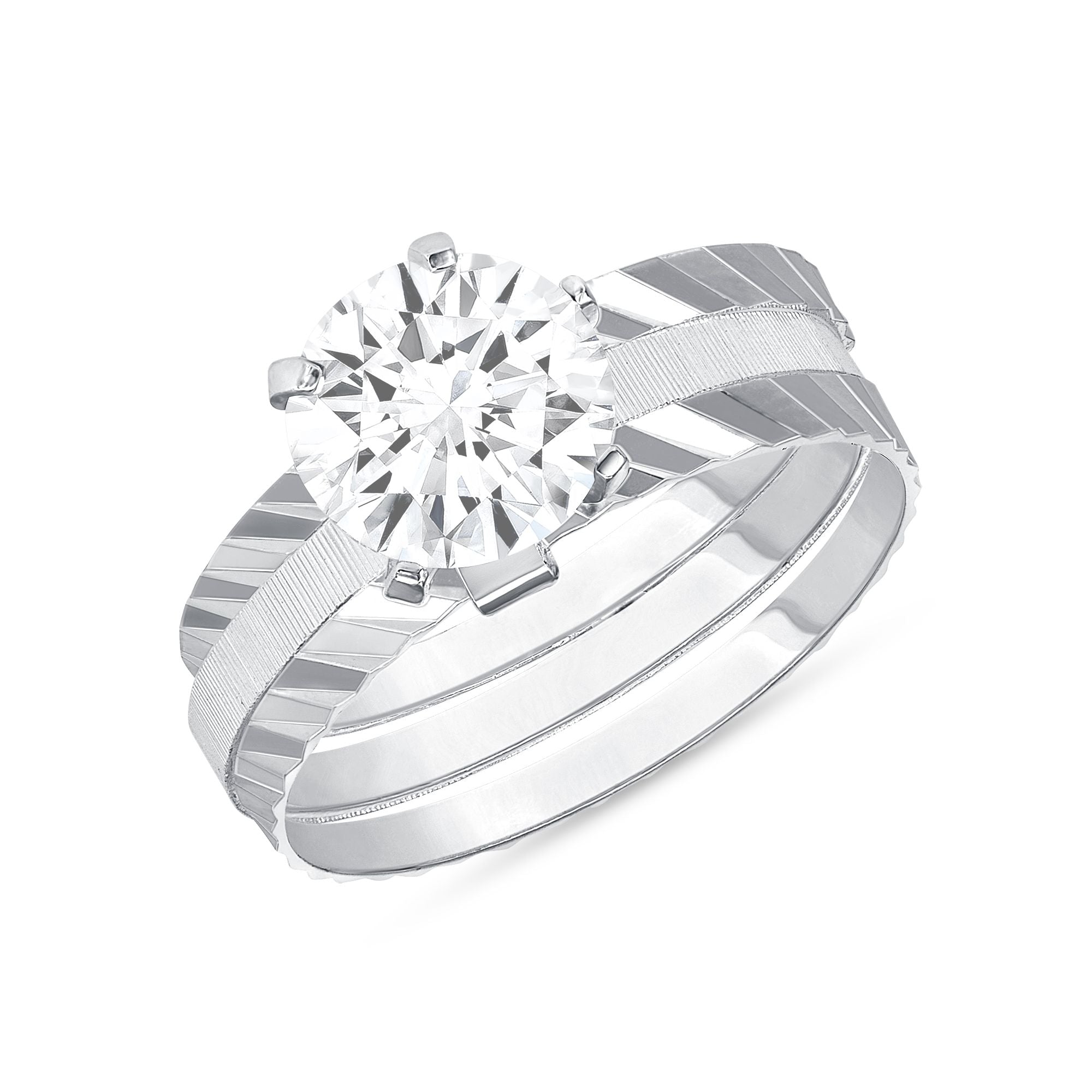 925 Sterling Silver Round CZ Serrated Three Stack Seminario Engagement Ring