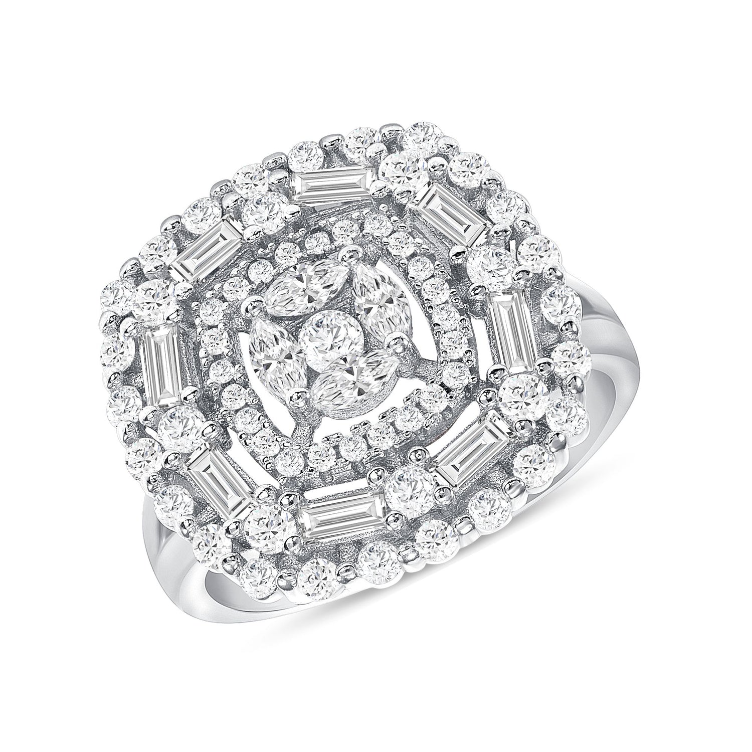 925 Sterling Silver Round and Baguette CZ Cluster Diamond Ring