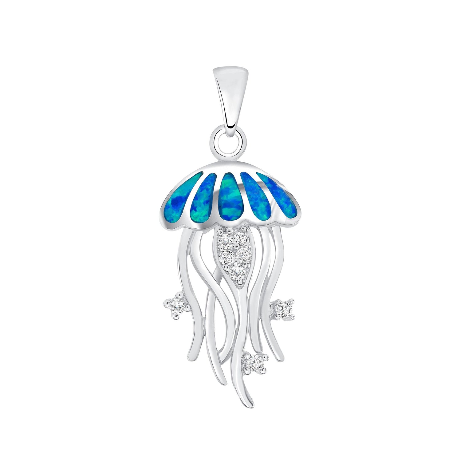 925 Sterling Silver Opal Jellyfish &amp; CZ Accents Pendant