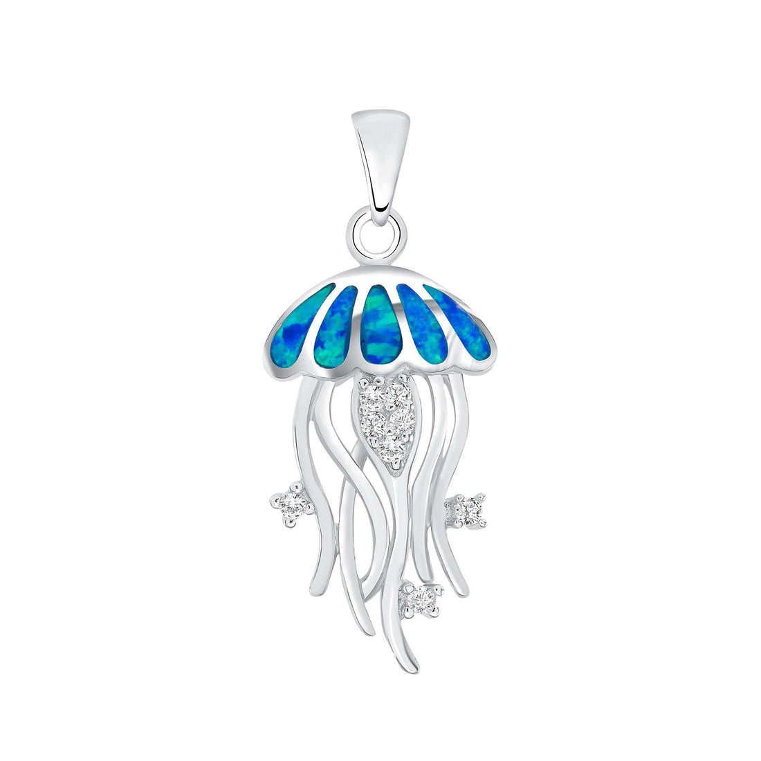925 Sterling Silver Opal Jellyfish &amp; CZ Accents Pendant
