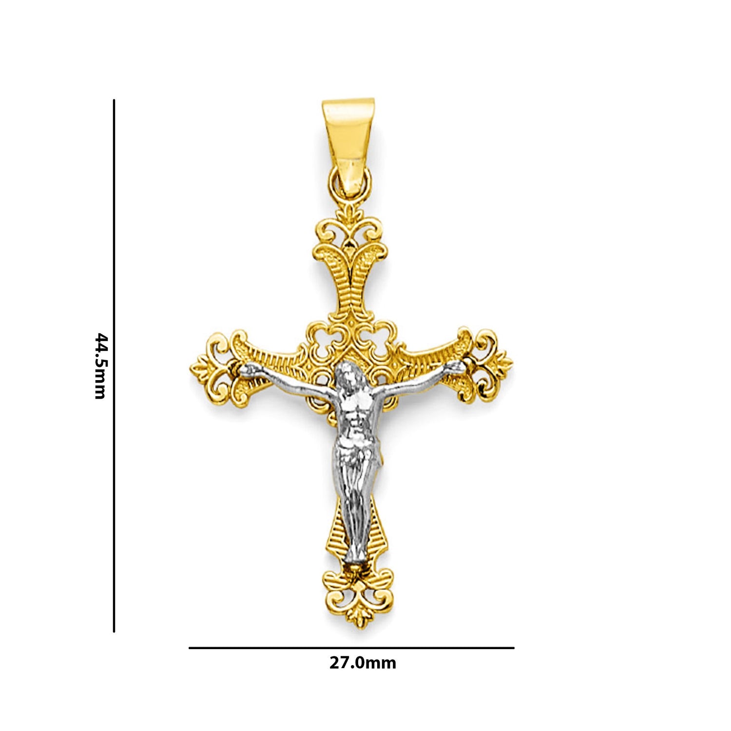 Two Tone Gold Filigree Patonce Crucifix Cross Pendant with Measurement