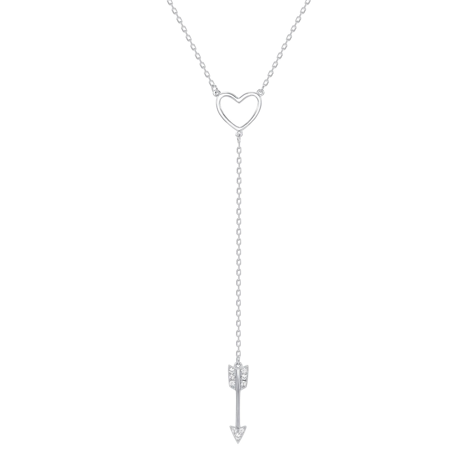 925 Sterling Silver Heart Outline &amp; CZ Arrow Lariat Necklace