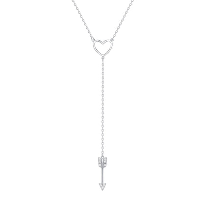925 Sterling Silver Heart Outline &amp; CZ Arrow Lariat Necklace