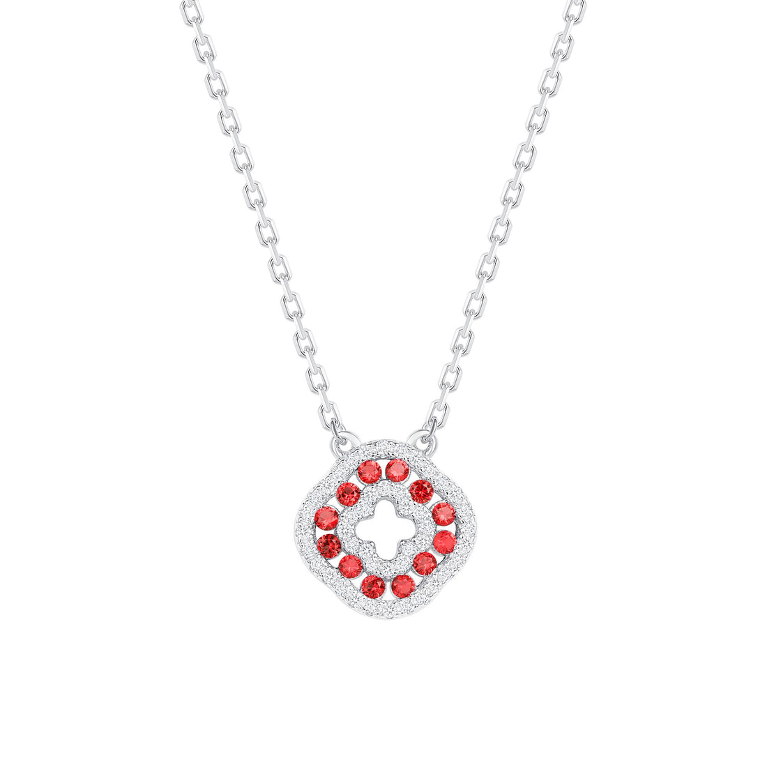 925 Sterling Silver Round Cut Red &amp; White CZ Alternating Rows Square Clover Pendant &amp; Stud Earrings Jewelry Set