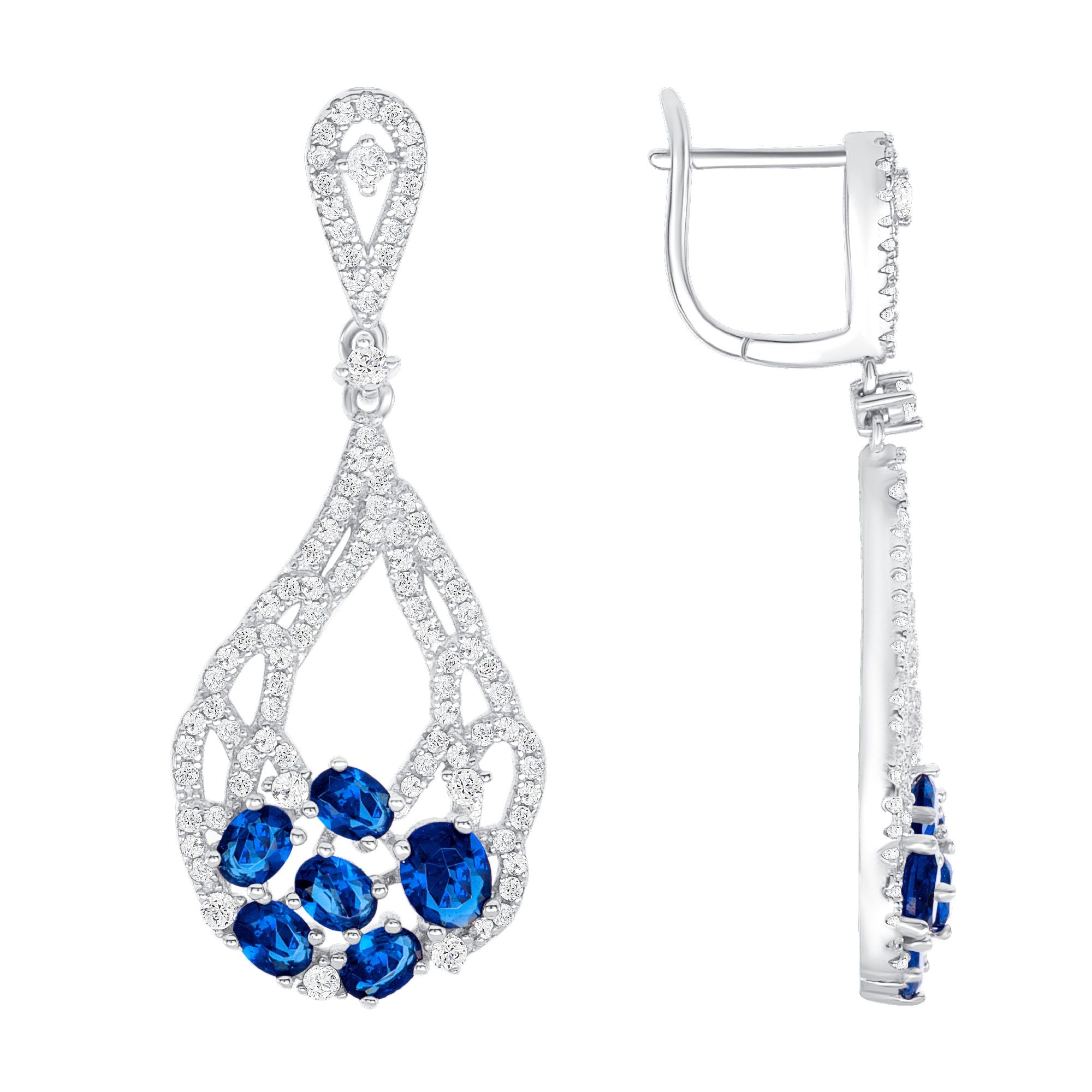 925 Sterling Silver Oval Cut Blue CZ with Pavé CZ Bouquet Teardrop Pendant &amp; Earrings Jewelry Set