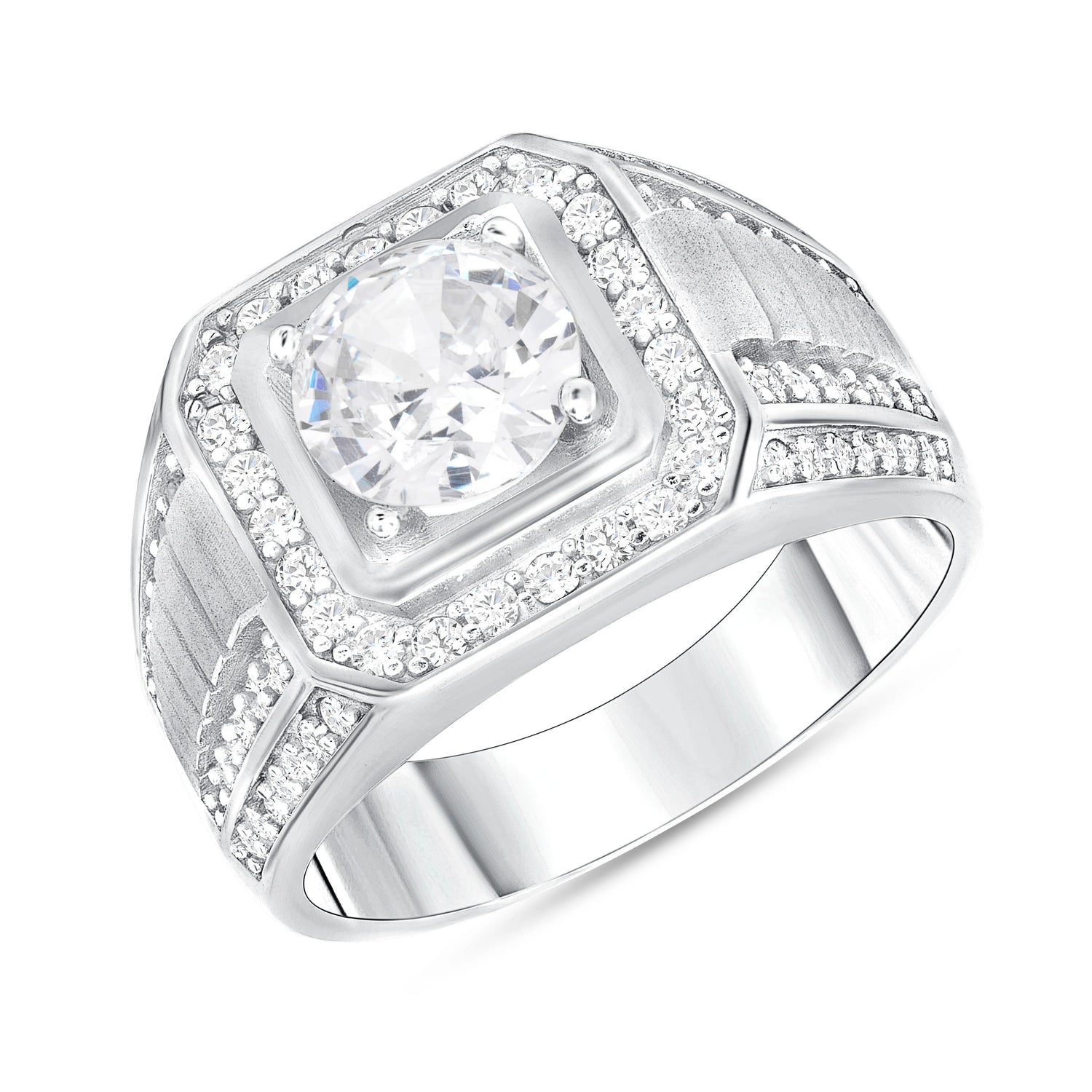925 Sterling Silver Round Cut CZ with Square Halo &amp; Ribbed CZ Band Men&