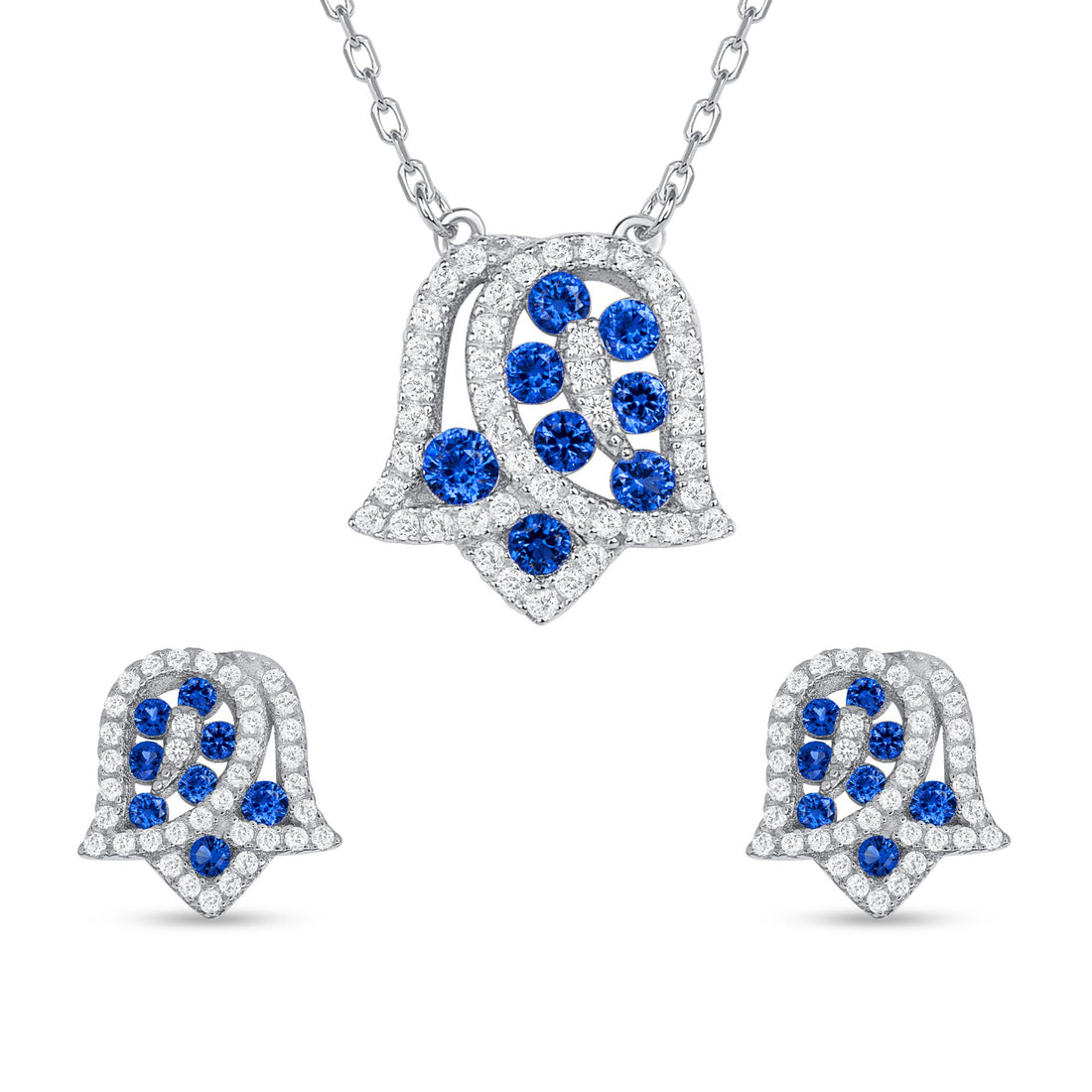 925 Sterling Silver Round Cut Blue &amp; White CZ Flower Pendant &amp; Stud Earrings Jewelry Set