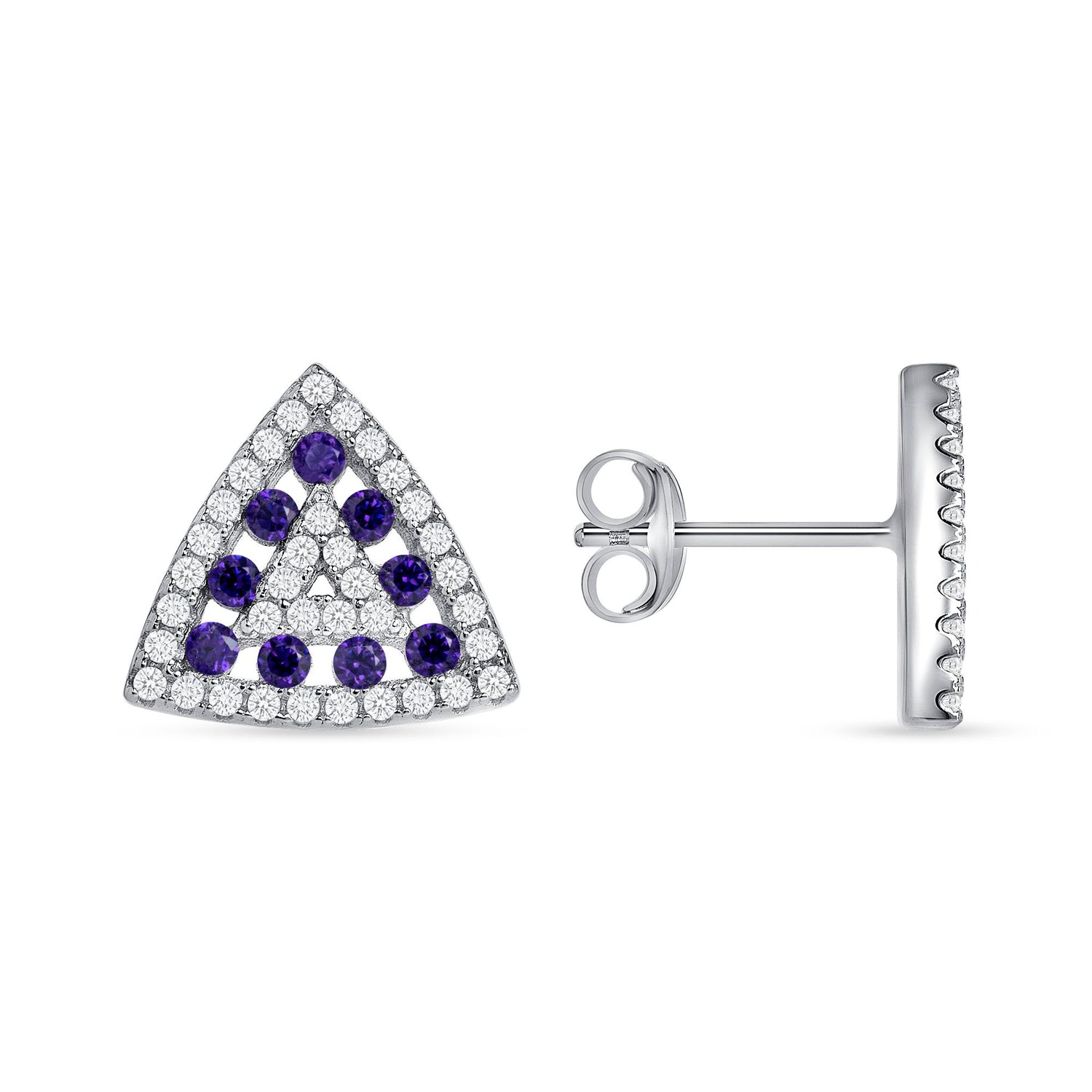 925 Sterling Silver Round Cut Purple &amp; White CZ Alternating Rows Triangle Pendant &amp; Stud Earrings Jewelry Set