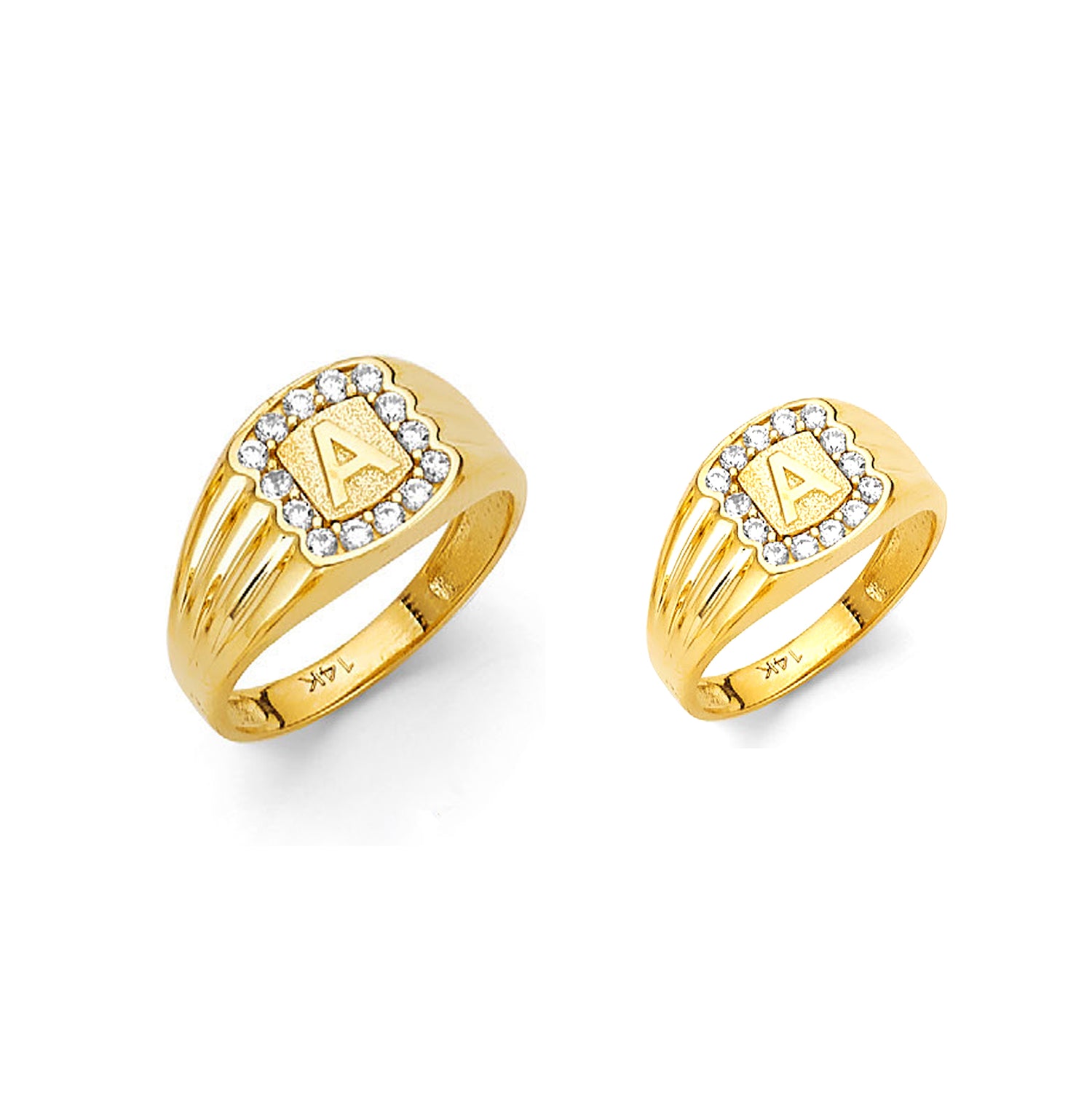 Yellow Gold CZ Halo Initial Ribbed Signet Ring