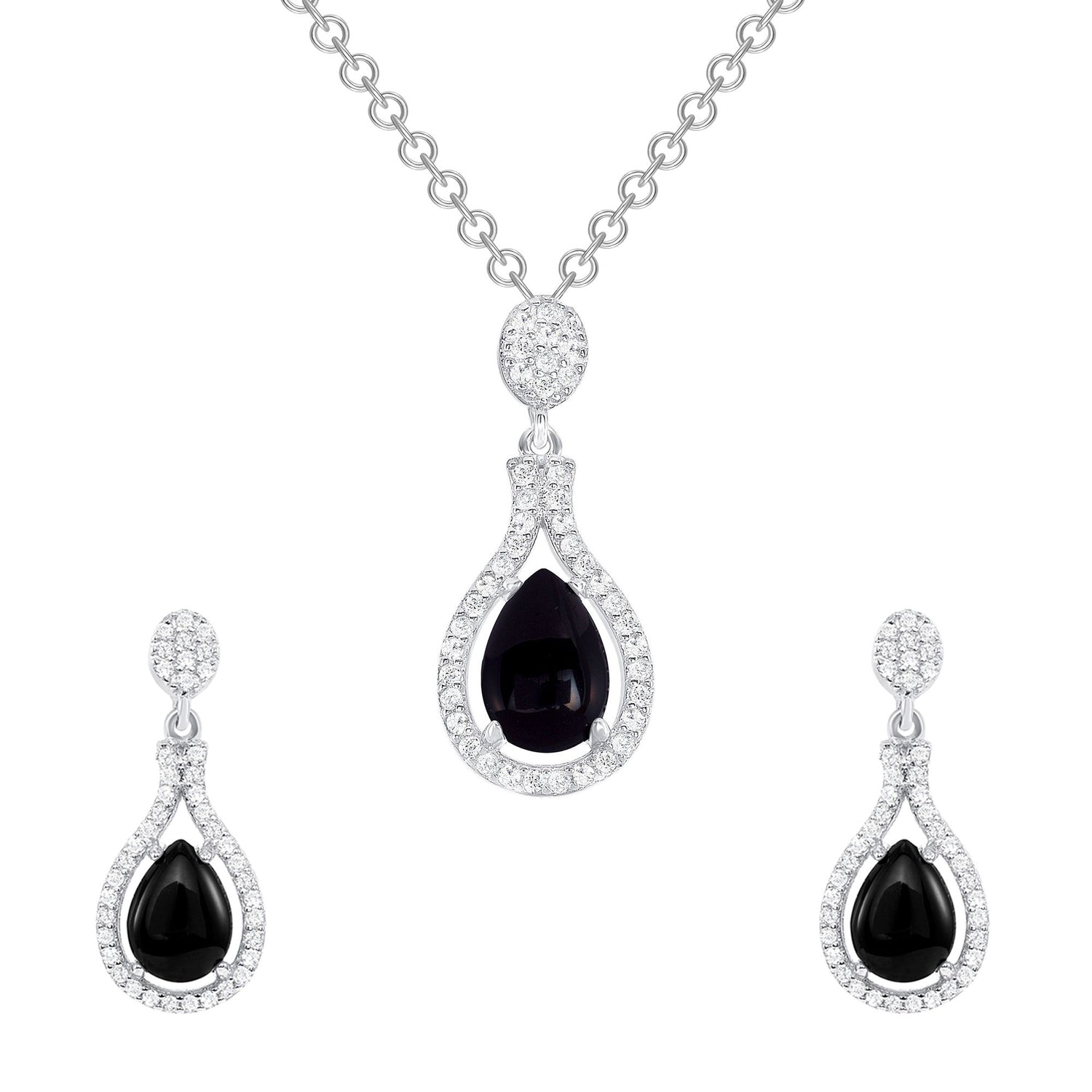 925 Sterling Silver Pear Cut Onyx with Pavé Halo Teardrop Pendant &amp; Earrings Jewelry Set