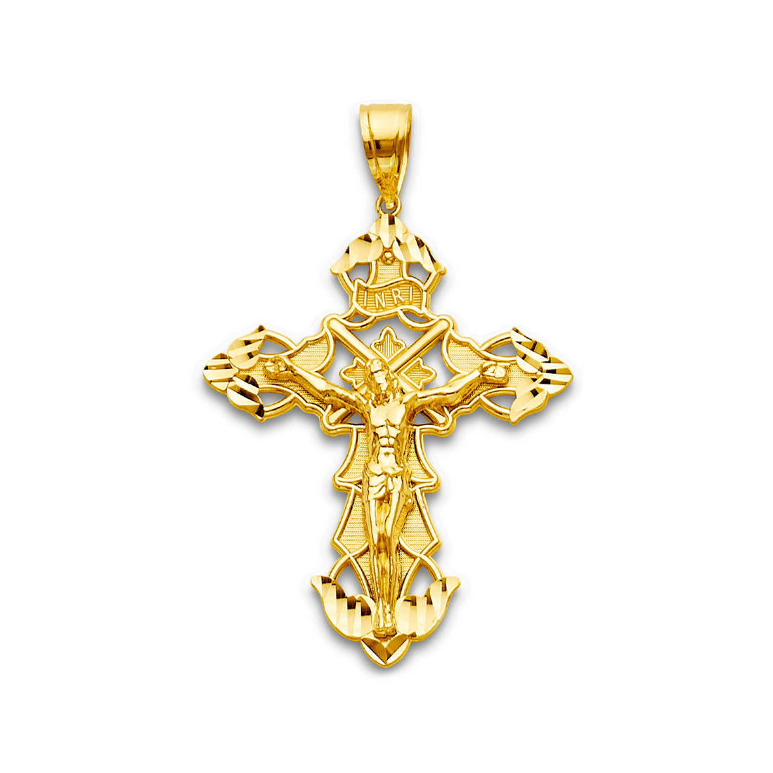 Yellow Gold Diamond Cut Ends Textured INRI Patonce Crucifix Cross Pendant