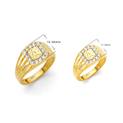 Yellow Gold CZ Halo Initial Ribbed Signet Ring