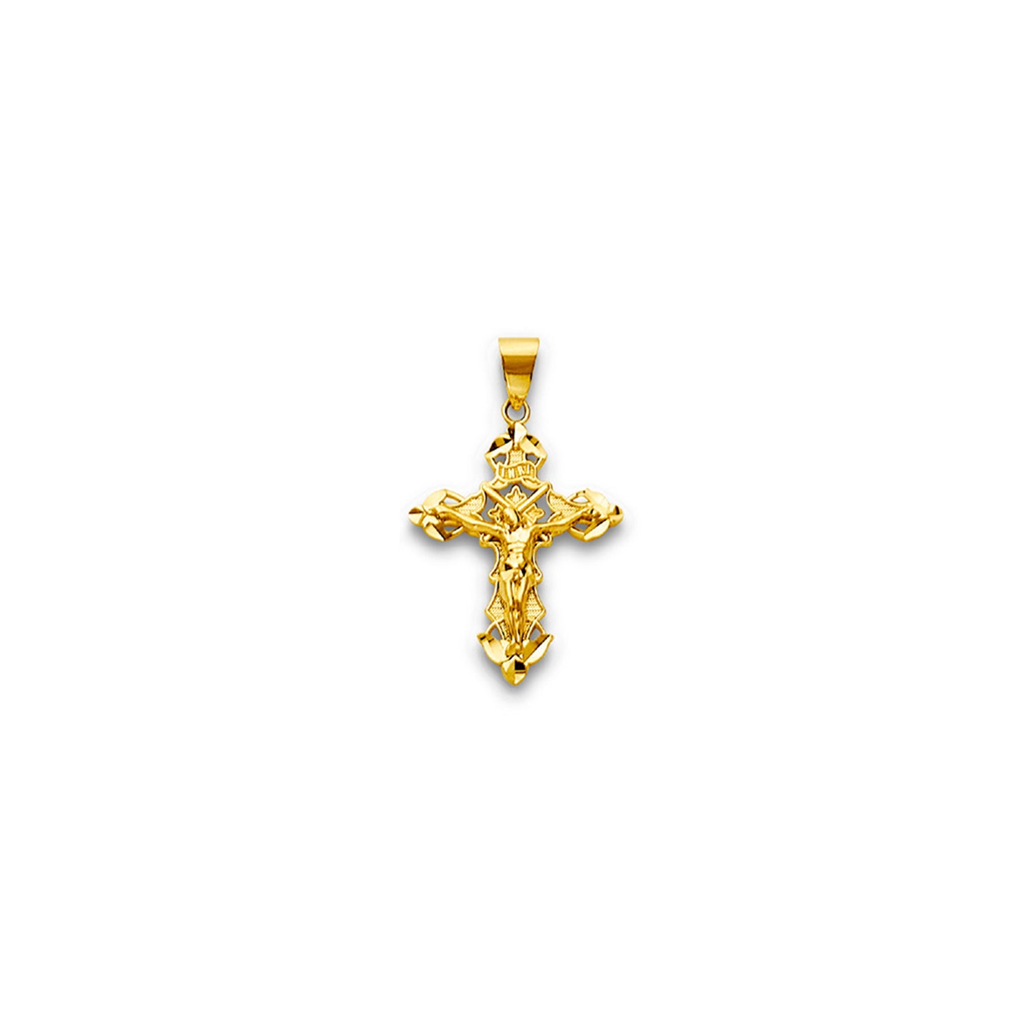 Yellow Gold Diamond Cut Ends Textured INRI Patonce Crucifix Cross Pendant