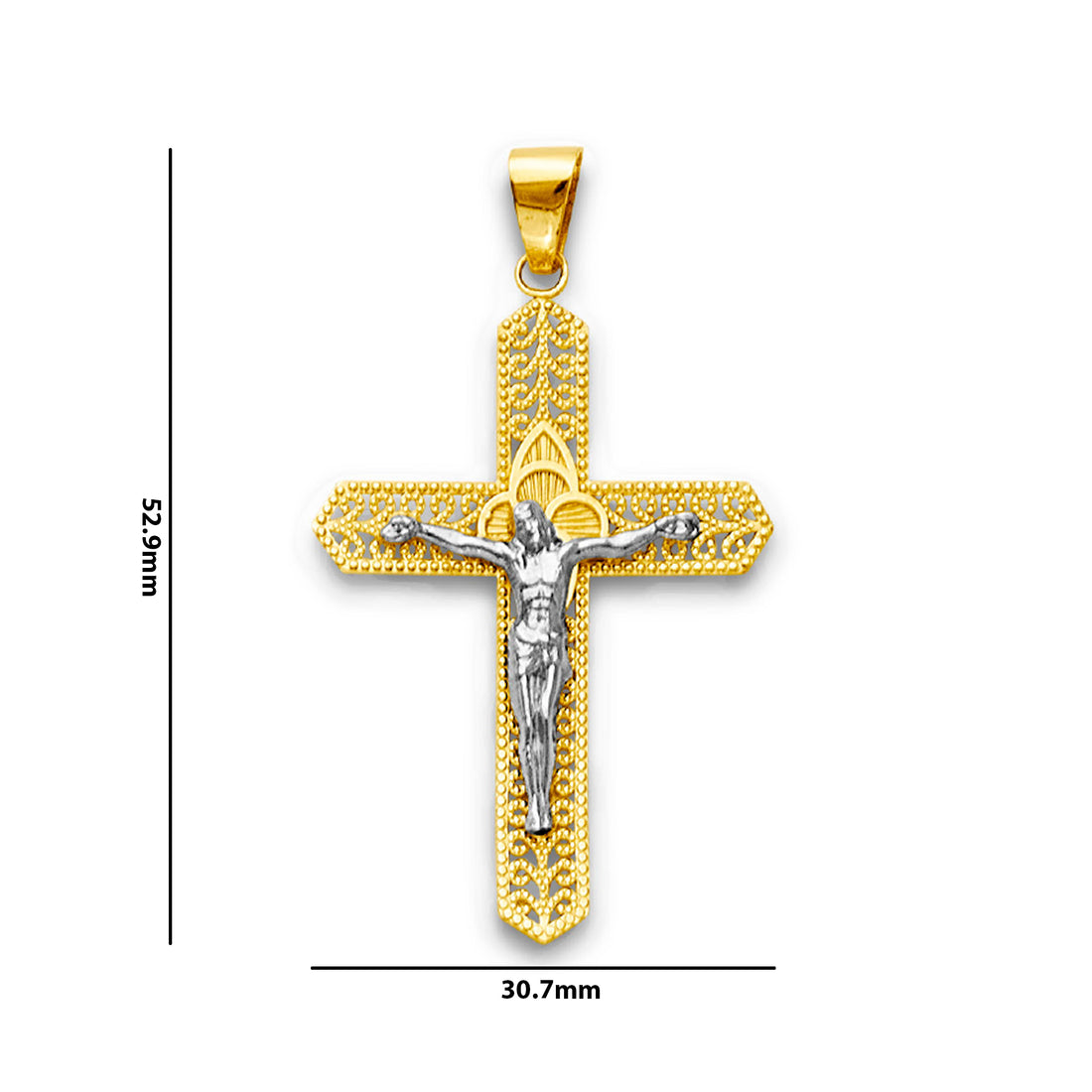 Two Tone Gold Cutout Milgrain Filigree Pointed Crucifix Cross Pendant with Measurement