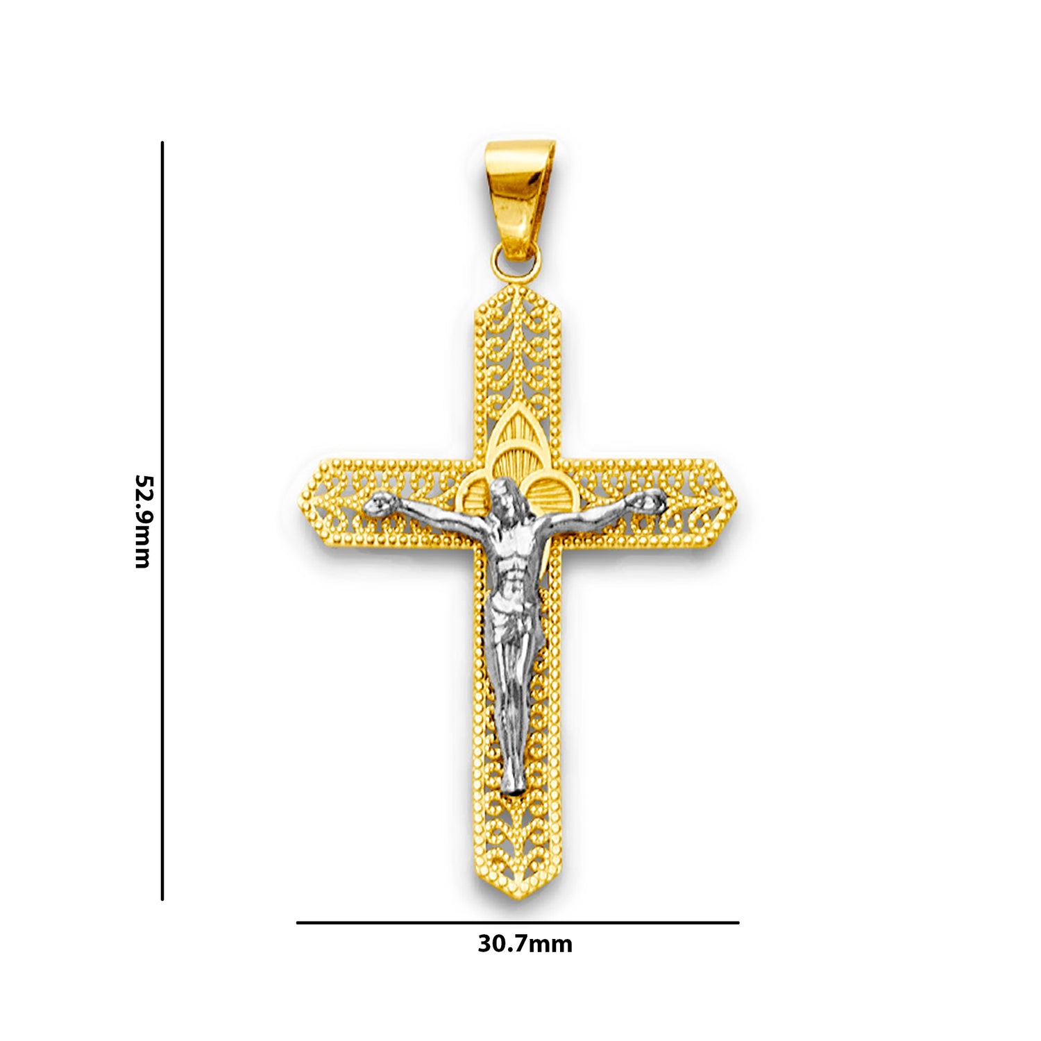 Two Tone Gold Cutout Milgrain Filigree Pointed Crucifix Cross Pendant with Measurement