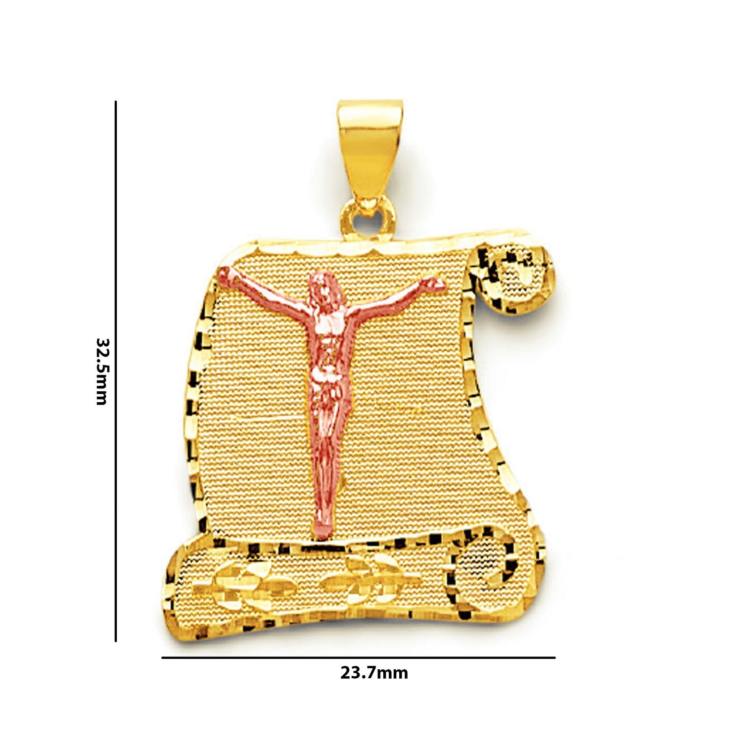 Two Tone Gold Diamond Cut Edges Wavey Textured Crucifix Scroll Pendant with Measurement