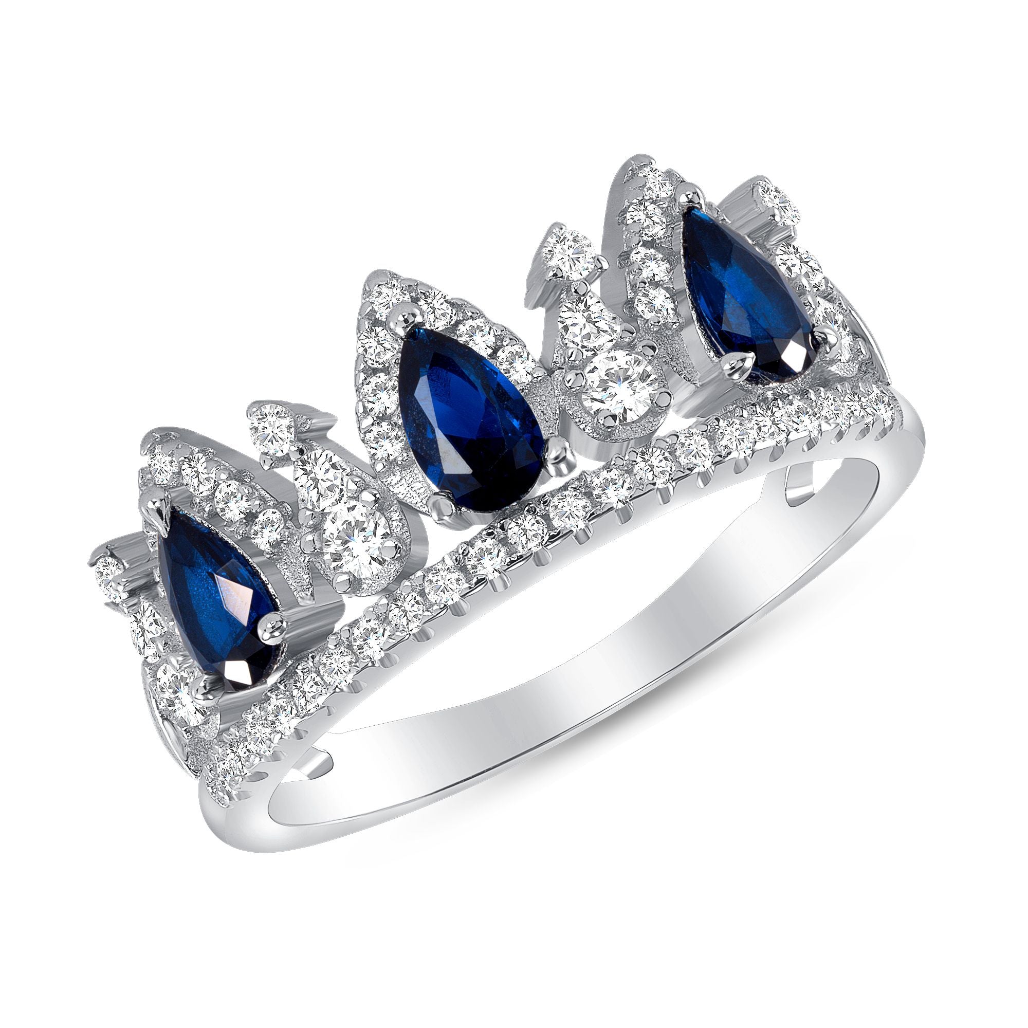 925 Sterling Silver Round CZ &amp; Blue Pear Shaped CZ Accents Pavé Crown Women&