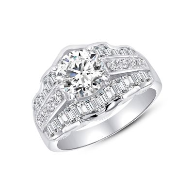 925 Sterling Silver Round Cut CZ with Baguette &amp; Round CZ Alternating Rows Engagement Ring