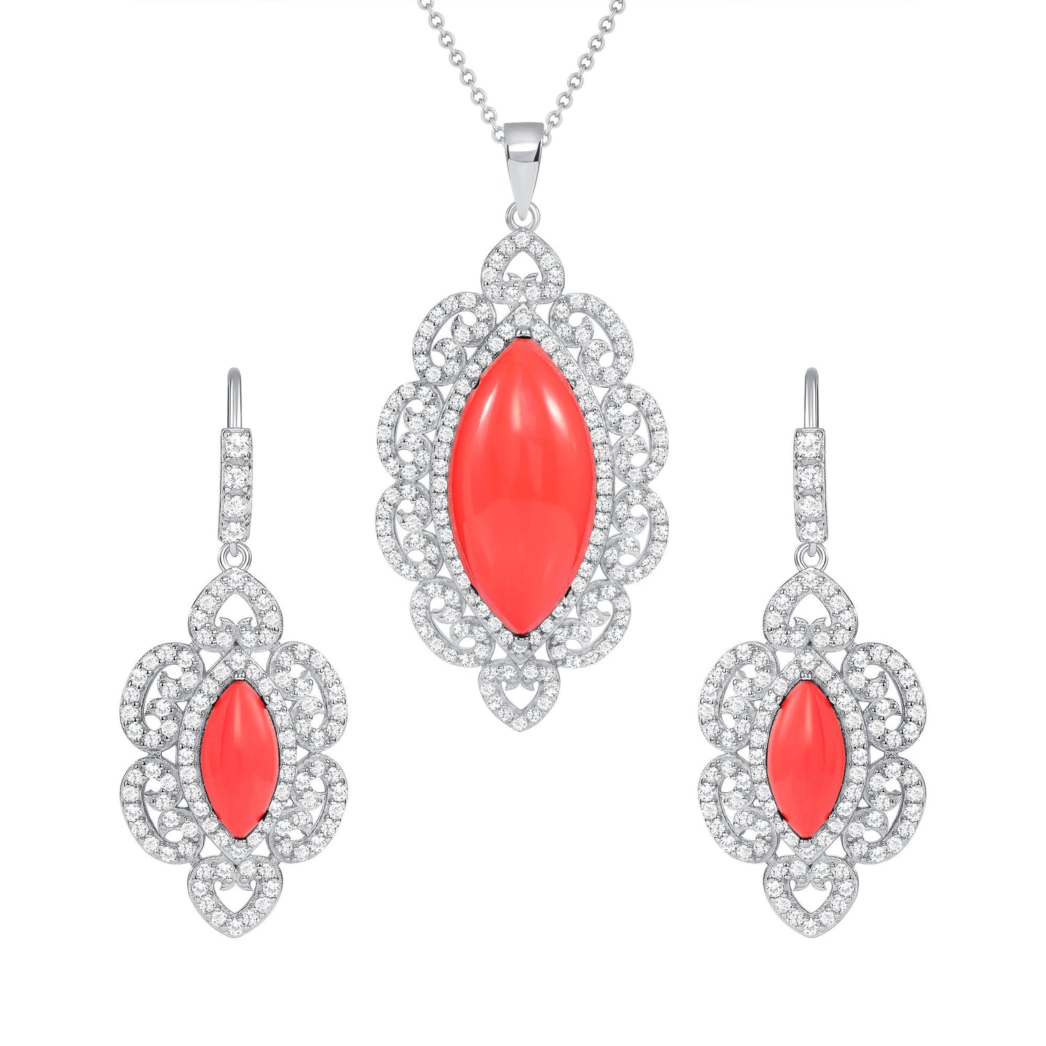 925 Sterling Silver Marquise Cut Coral &amp; Pavé CZ Vintage Halo Teardrop Pendant &amp; Earrings Jewelry Set