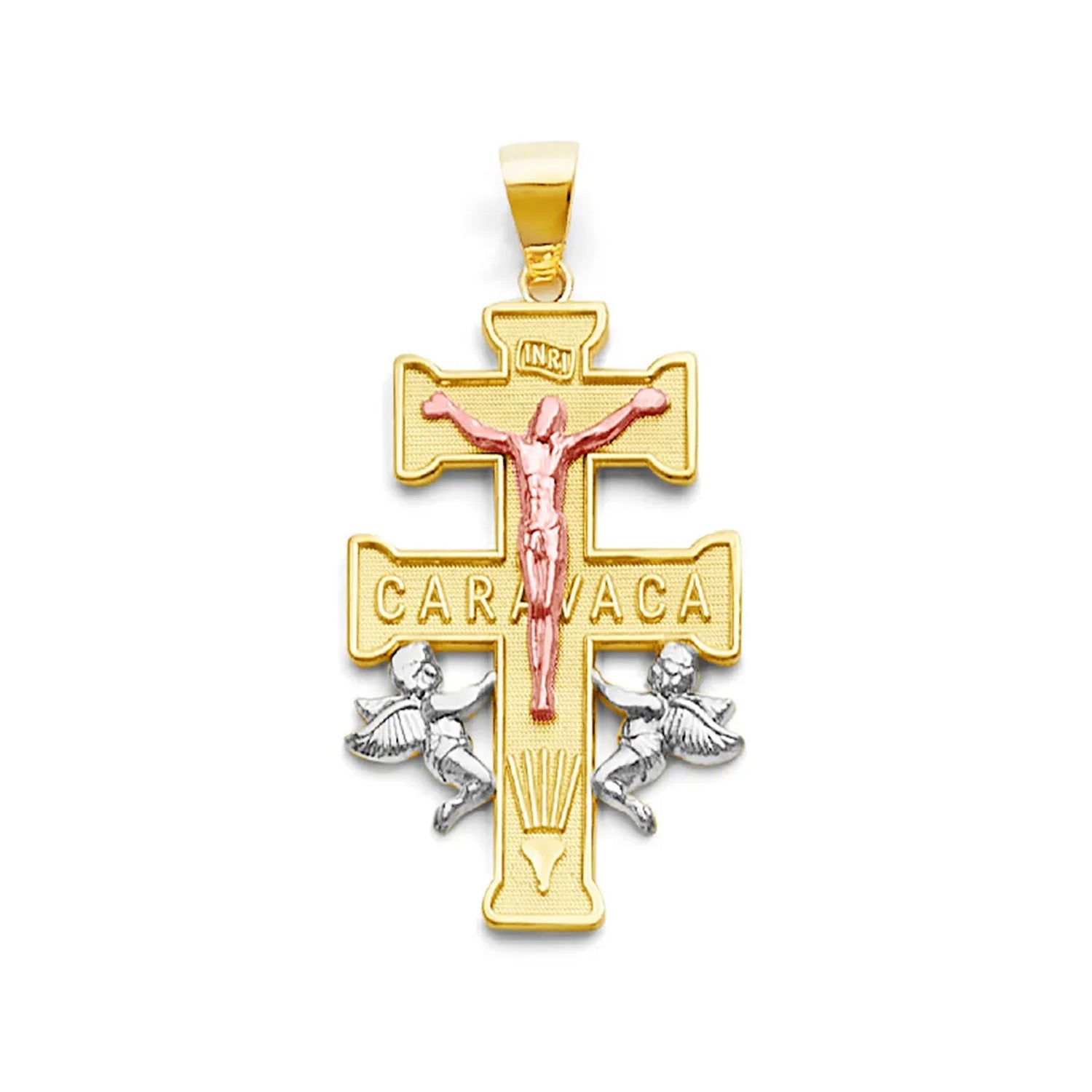 Tri Tone Gold INRI Caravaca Angels &amp; Crucifix Cross Pendant