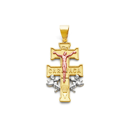 Tri Tone Gold INRI Caravaca Angels &amp; Crucifix Cross Pendant