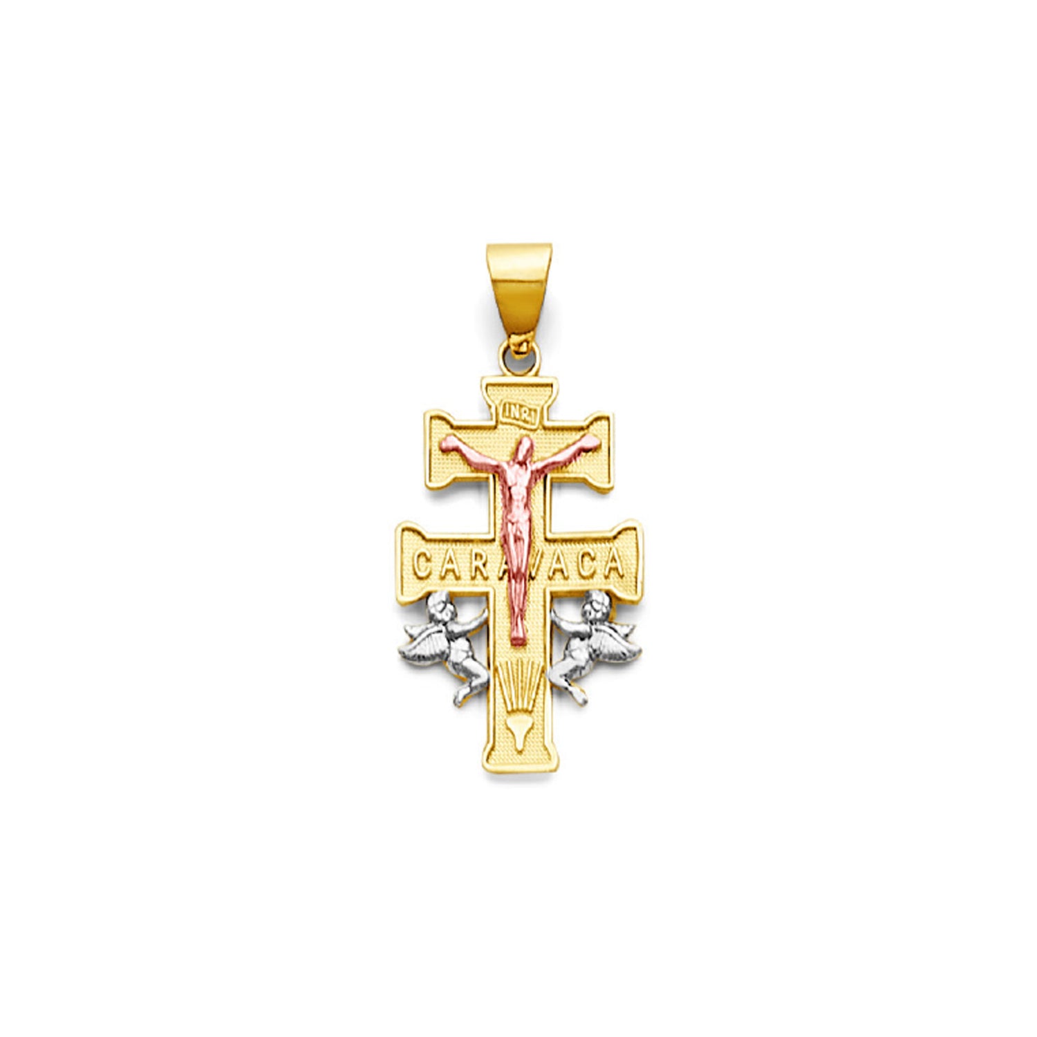 Tri Tone Gold INRI Caravaca Angels &amp; Crucifix Cross Pendant