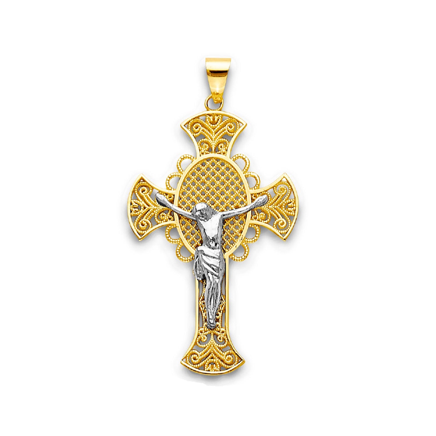 Two Tone Gold Cutout Milgrain Filigree Circular Crucifix Cross Pendant