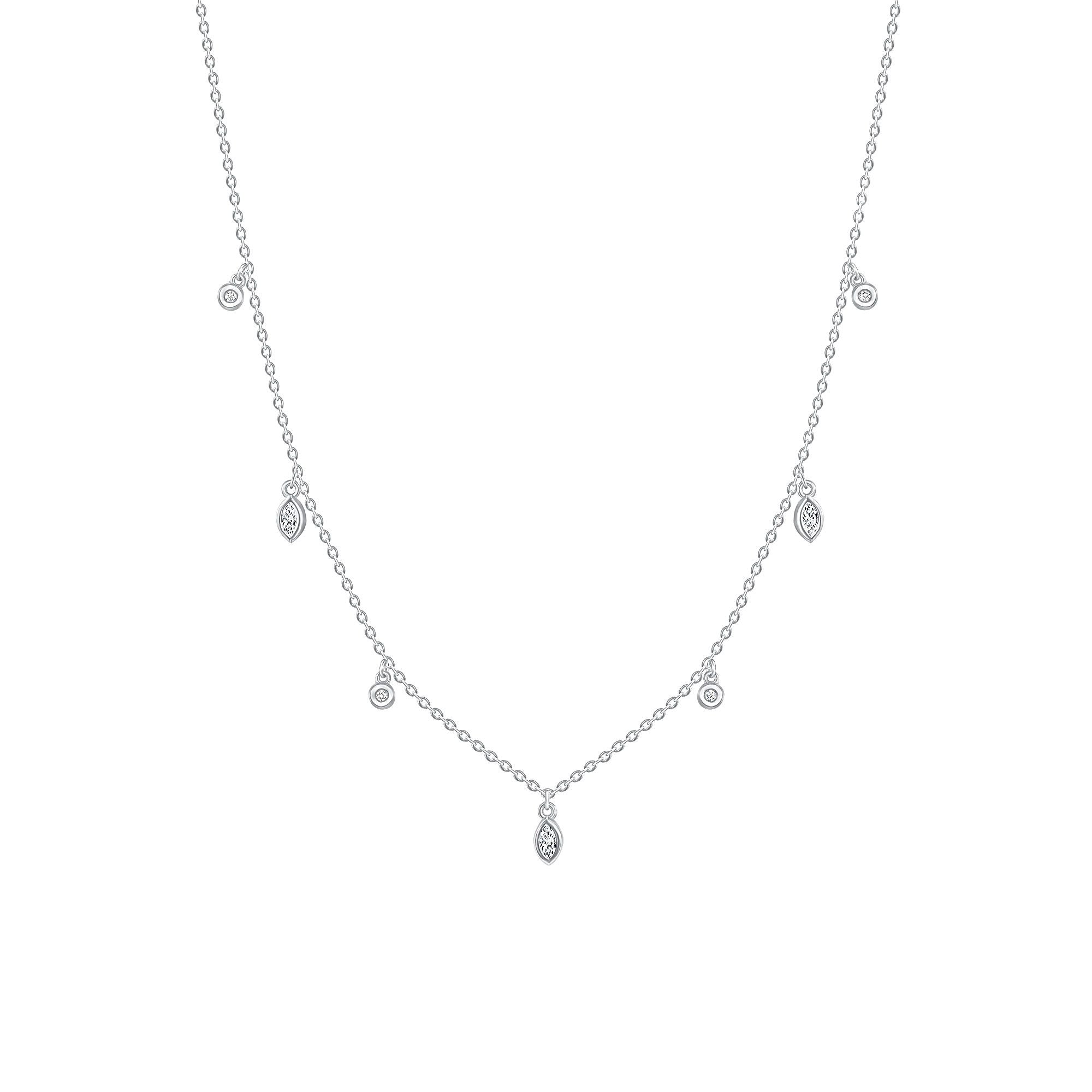 925 Sterling Silver Alternating Round Cut &amp; Marquise Cut Bezel Set CZ Station Charm Necklace
