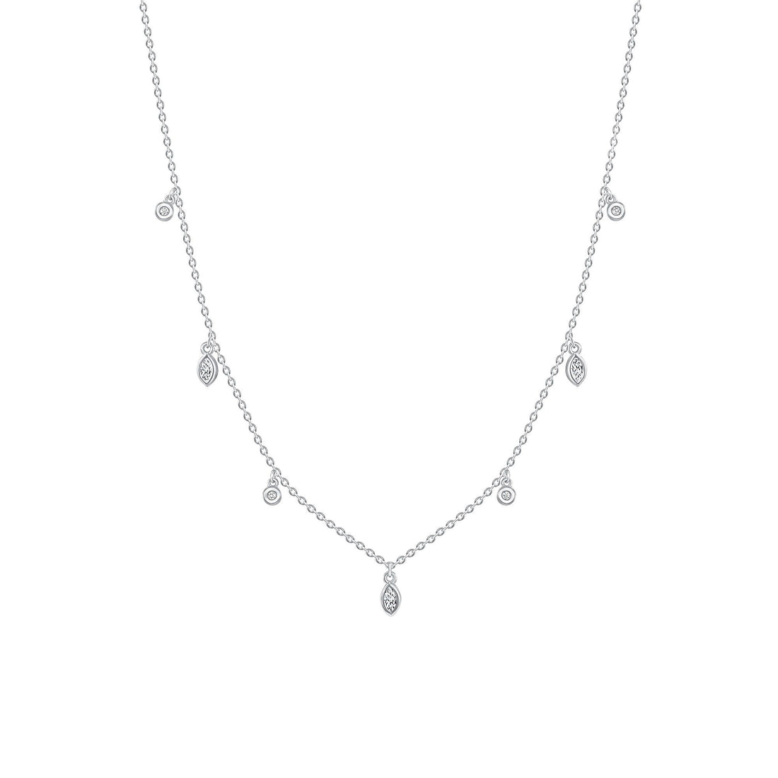 925 Sterling Silver Alternating Round Cut &amp; Marquise Cut Bezel Set CZ Station Charm Necklace