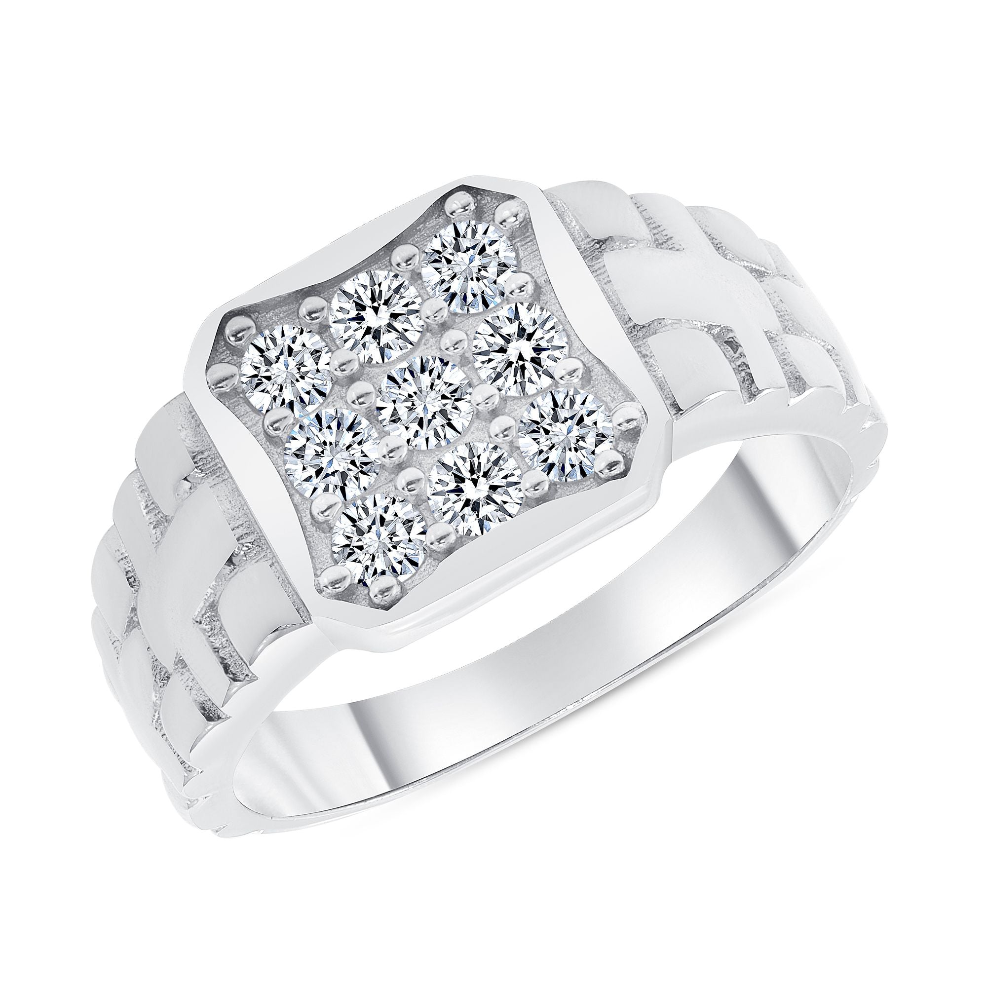 925 Sterling Silver CZ Rounded Square Top Ribbed Band Men&