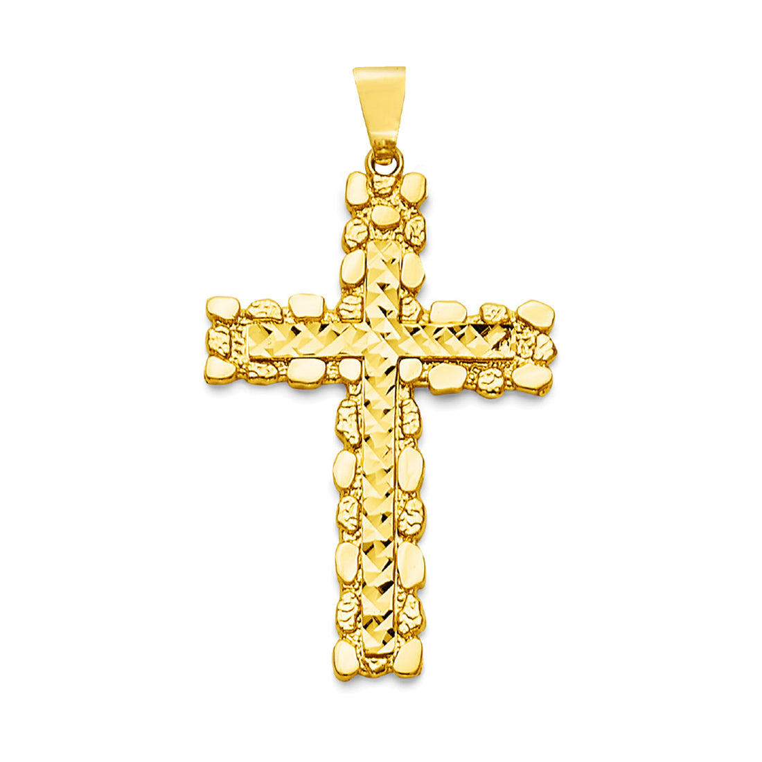 Yellow Gold Smooth &amp; Textured Pebble Bordered Cross Pendant