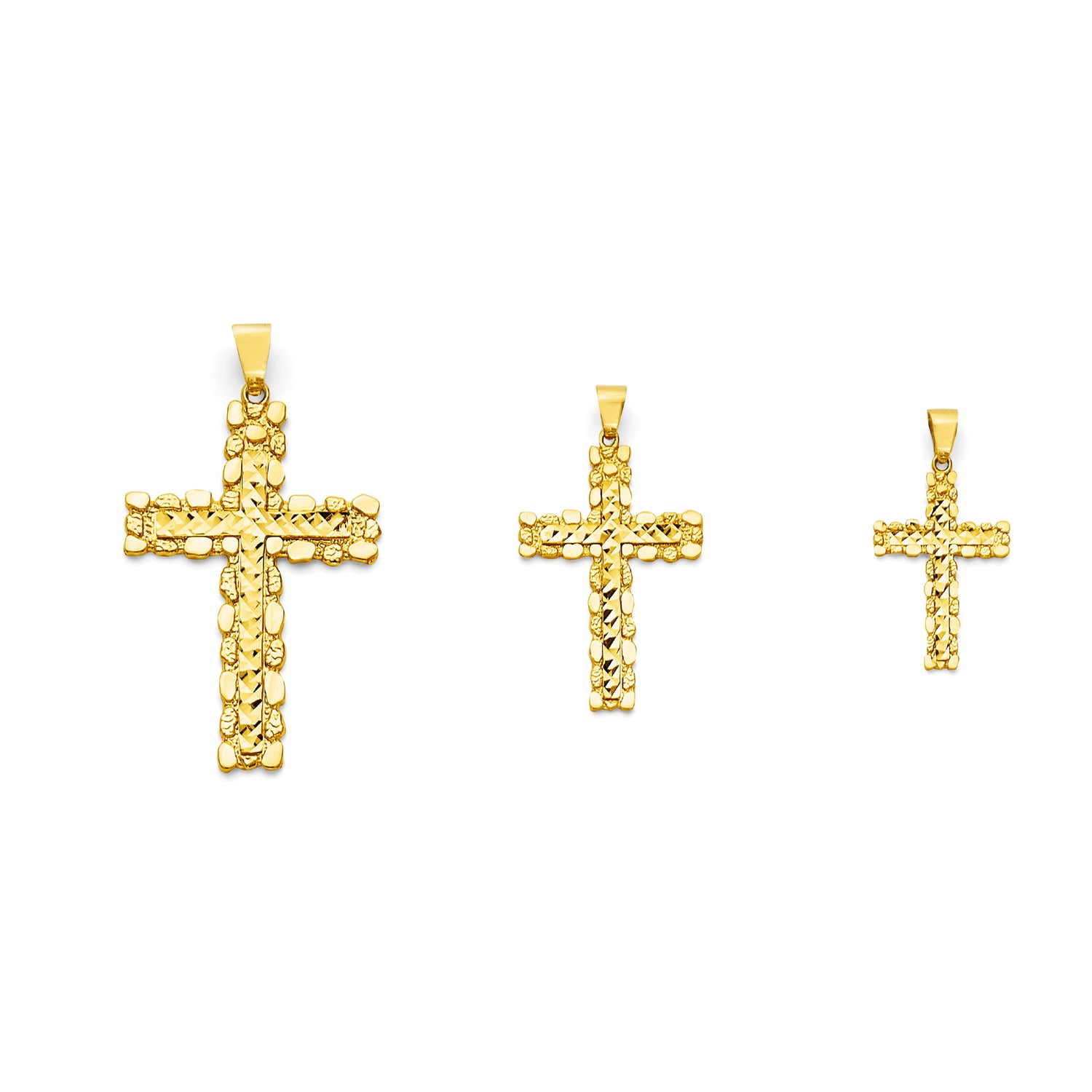 Yellow Gold Smooth &amp; Textured Pebble Bordered Cross Pendant