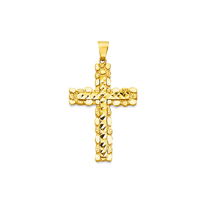 Yellow Gold Smooth &amp; Textured Pebble Bordered Cross Pendant