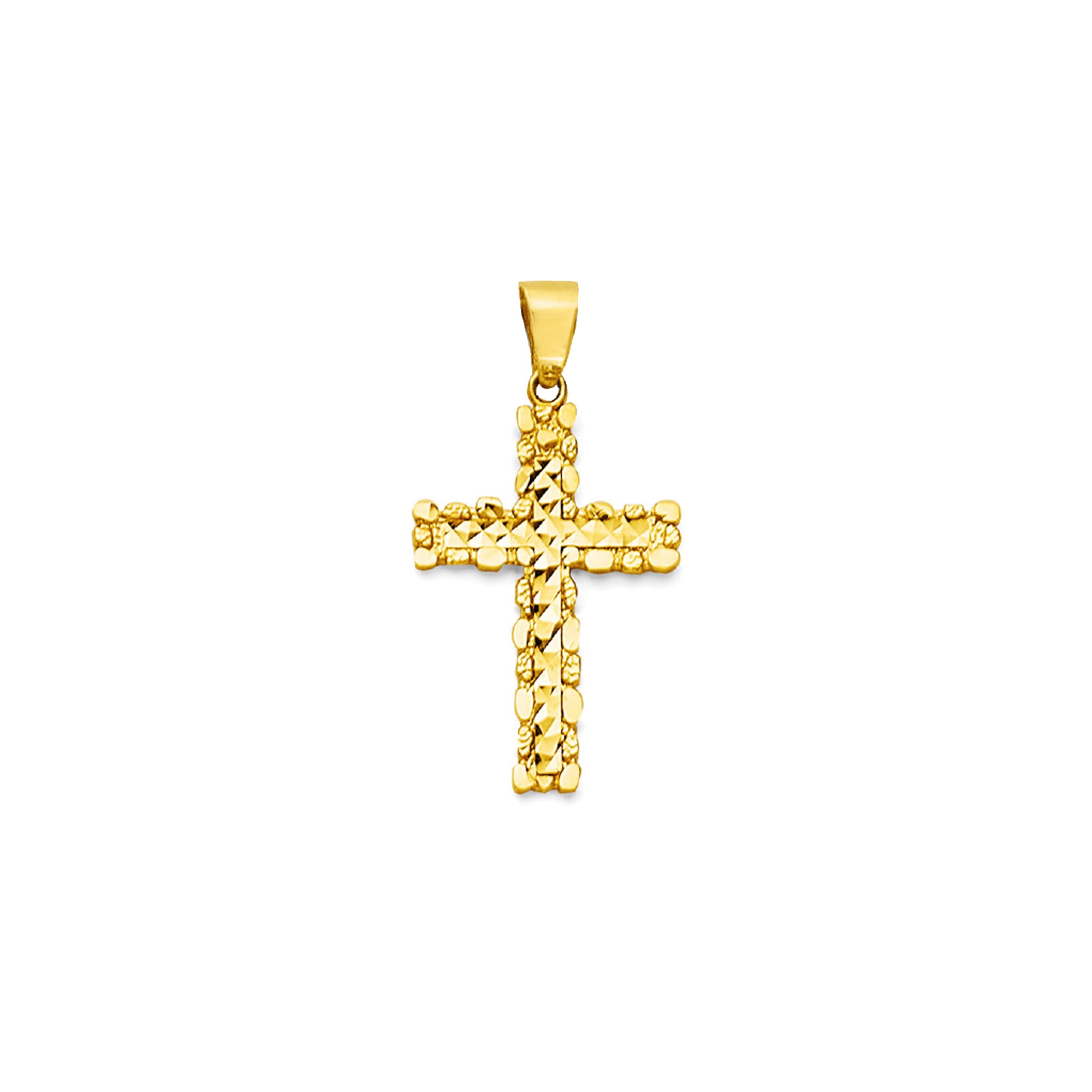 Yellow Gold Smooth &amp; Textured Pebble Bordered Cross Pendant