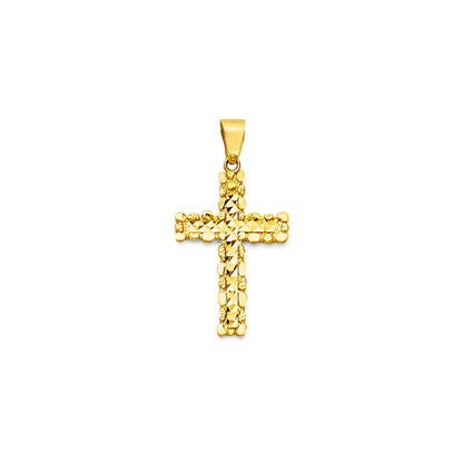 Yellow Gold Smooth &amp; Textured Pebble Bordered Cross Pendant