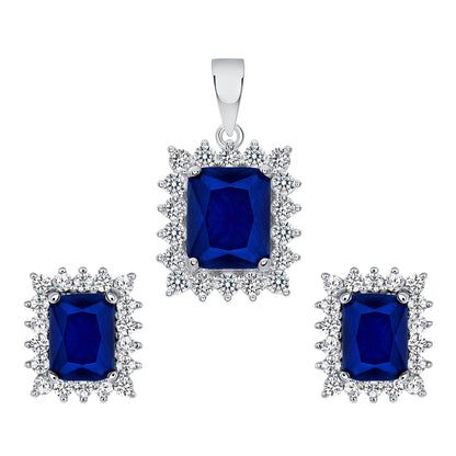 925 Sterling Silver Rectuangular Cut Blue CZ with Round Cut CZ Pointed Halo Pendant &amp; Stud Earrings Jewelry Set