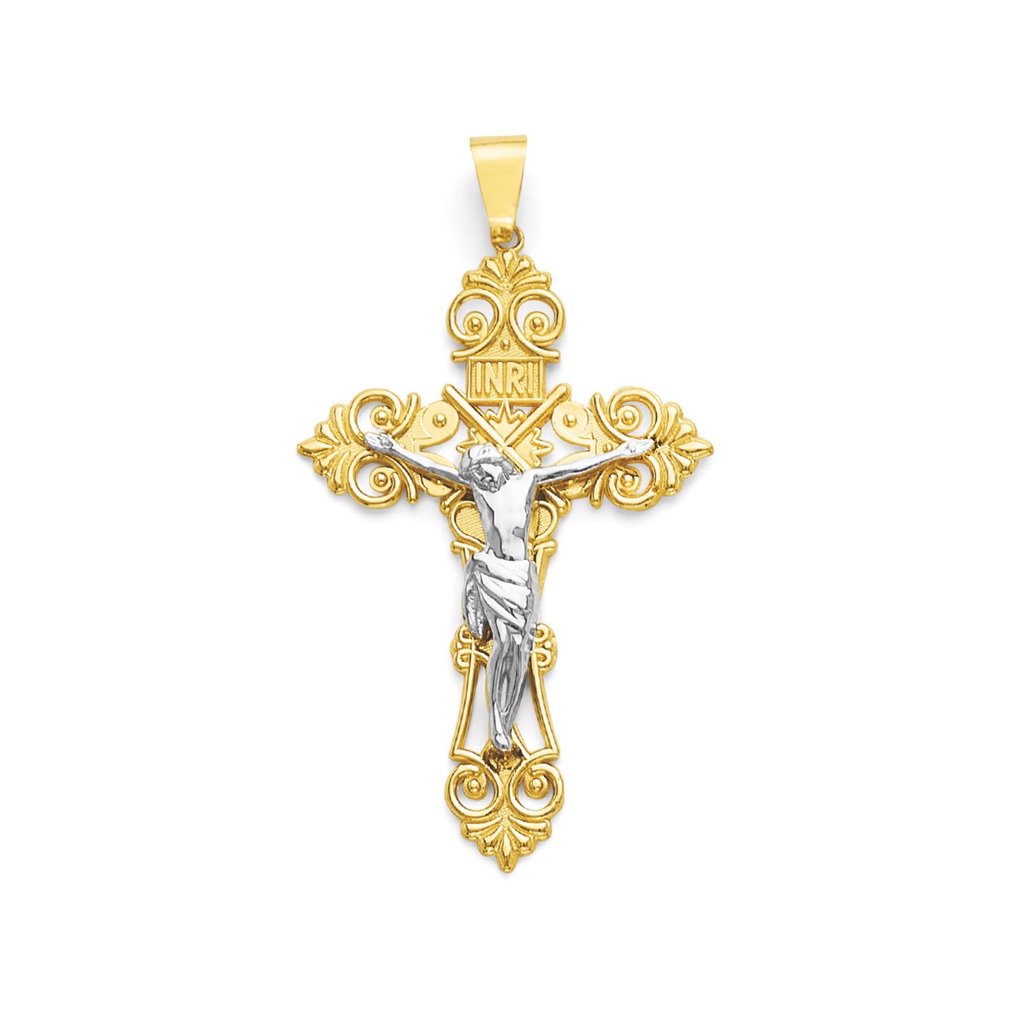 Two Tone Gold Filigree INRI Crucifix Cross Pendant