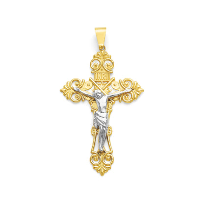 Two Tone Gold Filigree INRI Crucifix Cross Pendant