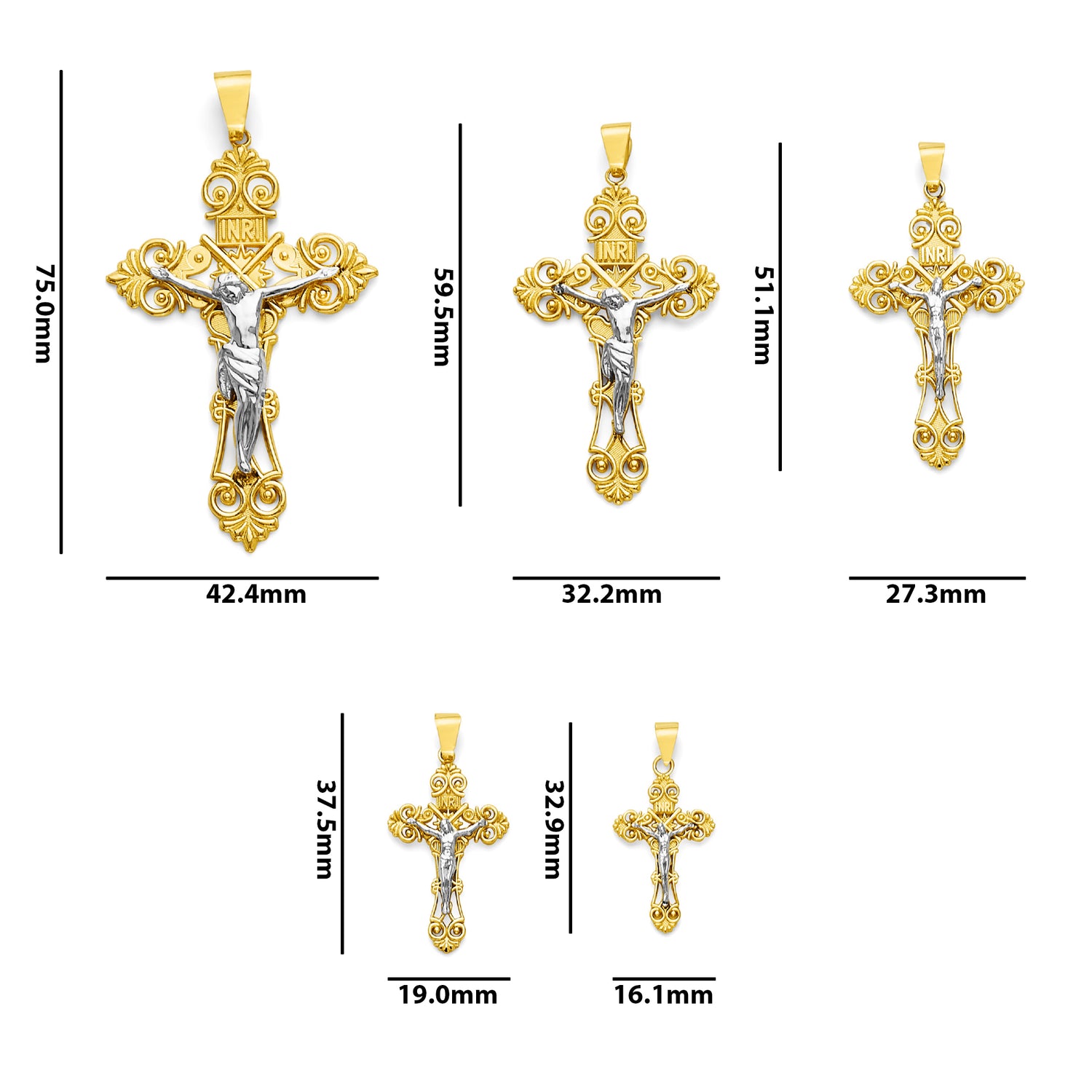 Two Tone Gold Filigree INRI Crucifix Cross Pendant