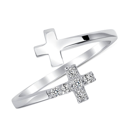 925 Sterling Silver Round CZ Cross Open Ring