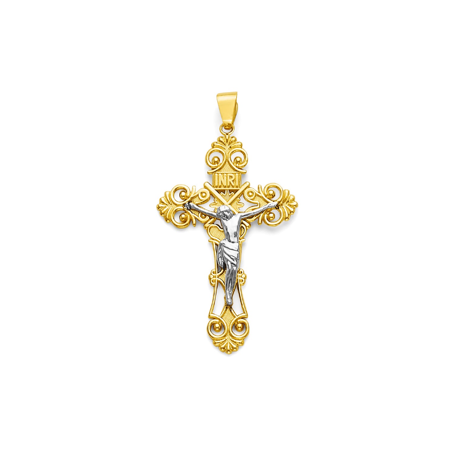 Two Tone Gold Filigree INRI Crucifix Cross Pendant