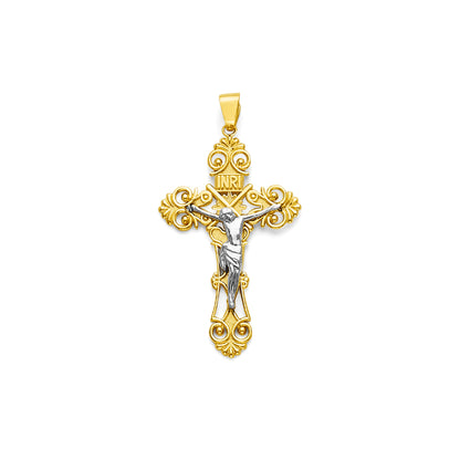 Two Tone Gold Filigree INRI Crucifix Cross Pendant