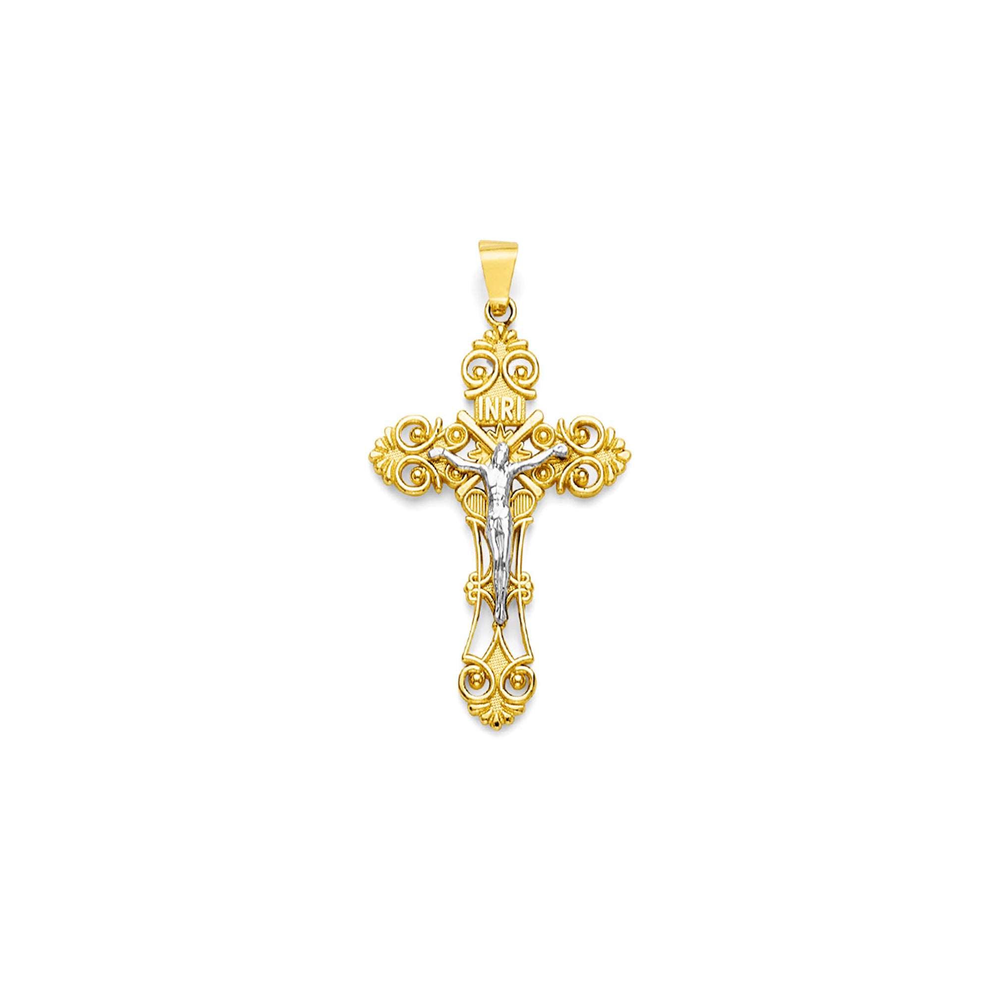 Two Tone Gold Filigree INRI Crucifix Cross Pendant