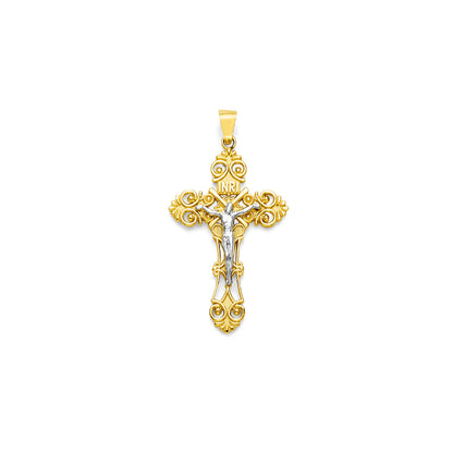 Two Tone Gold Filigree INRI Crucifix Cross Pendant