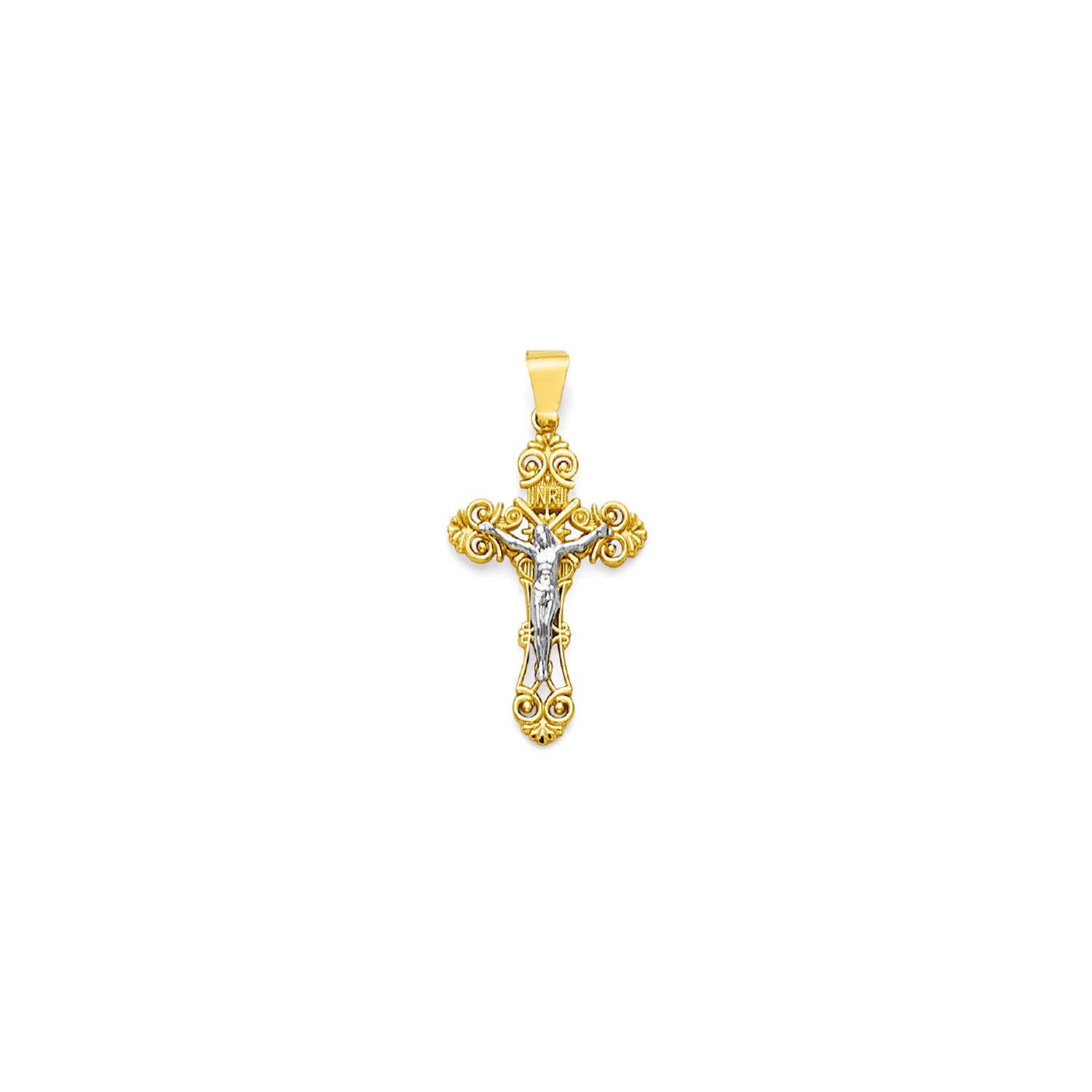 Two Tone Gold Filigree INRI Crucifix Cross Pendant