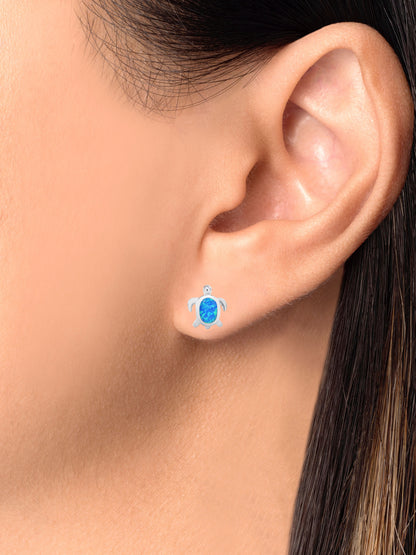 925 Sterling Silver Sea Turtle Oval Blue Opal Stud Earrings