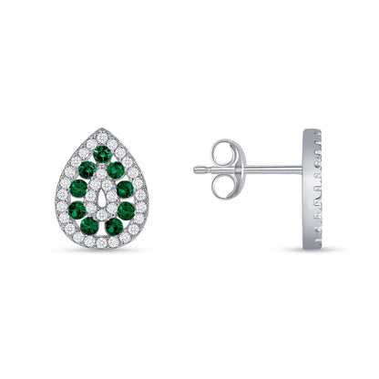 925 Sterling Silver Round Cut Green &amp; White CZ Alternating Rows Teardrop Pendant &amp; Earrings Jewelry Set