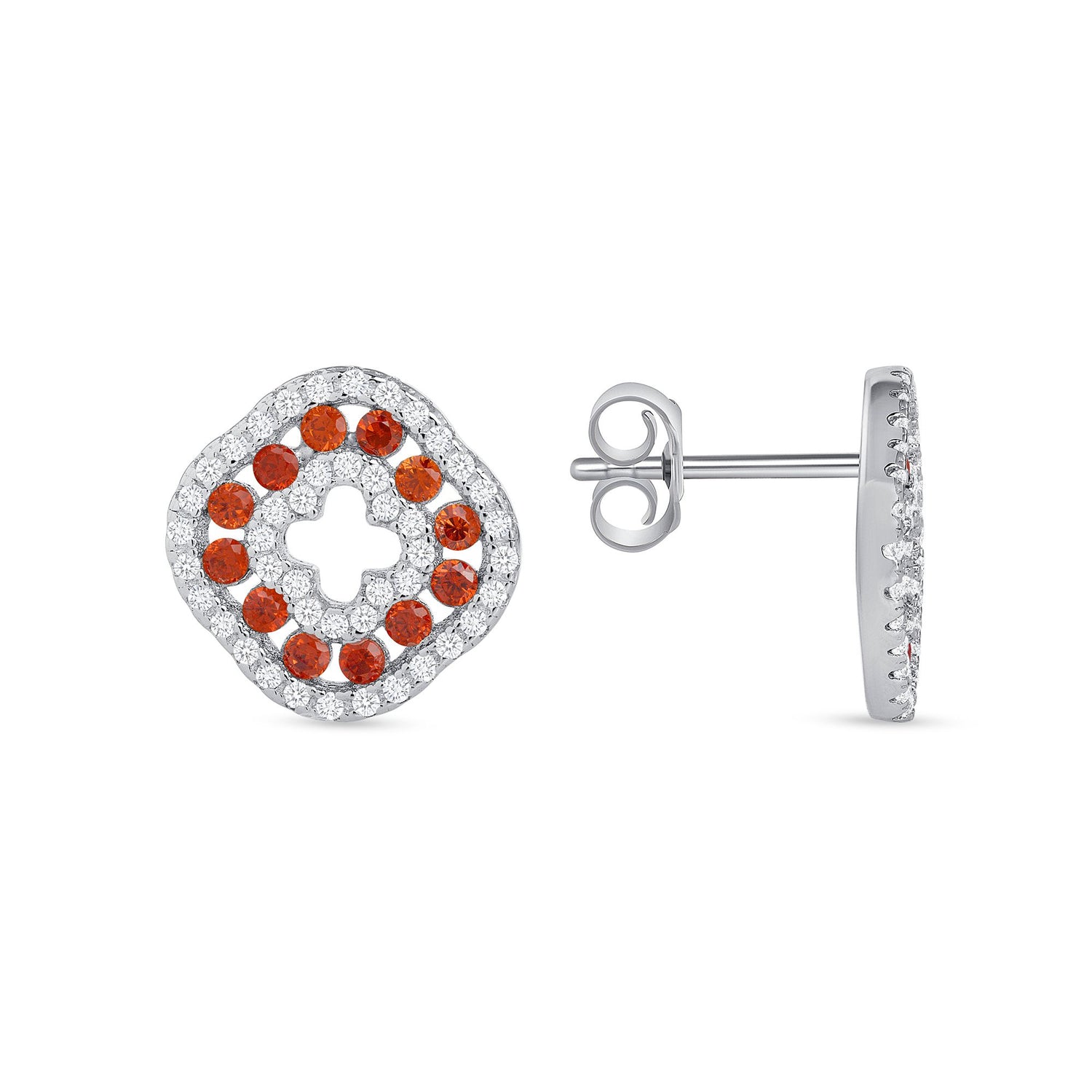 925 Sterling Silver Round Cut Red &amp; White CZ Alternating Rows Square Clover Pendant &amp; Stud Earrings Jewelry Set