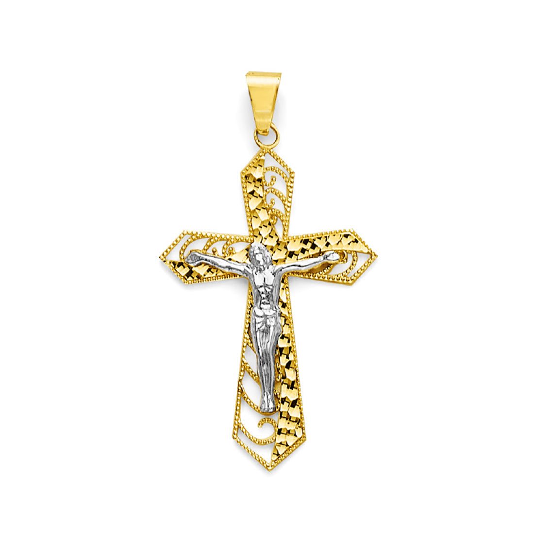 Two Tone Gold Half Diamond Cut Half Milgrain Filigree Cutout Pointed Crucifix Cross Pendant