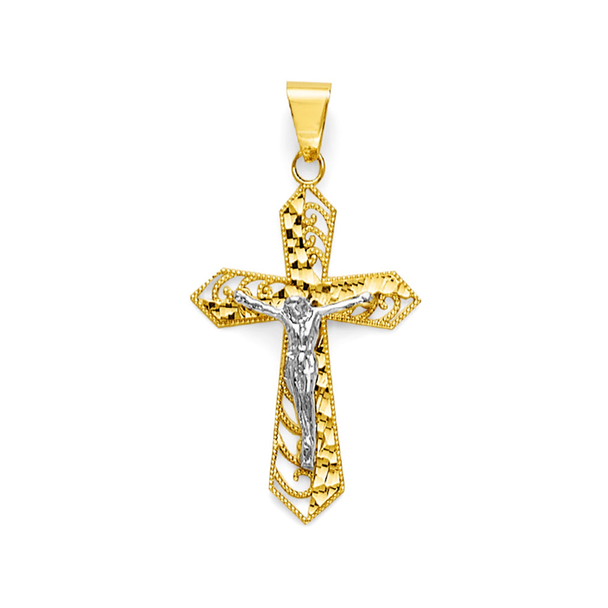 Two Tone Gold Half Diamond Cut Half Milgrain Filigree Cutout Pointed Crucifix Cross Pendant